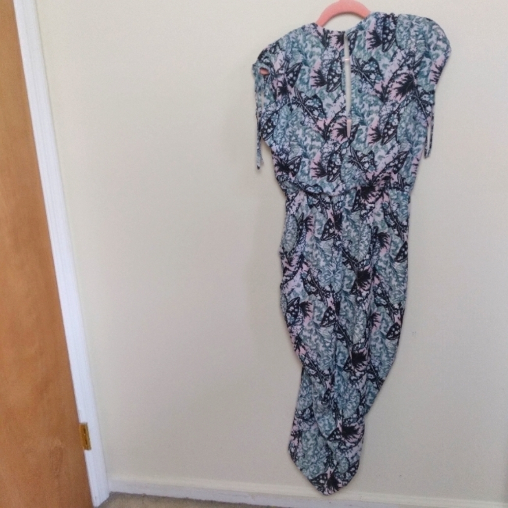 Bebe Green and White Shirred Tropical Print Short Sleeve Midi Dress Size XS - Picture 5 of 16